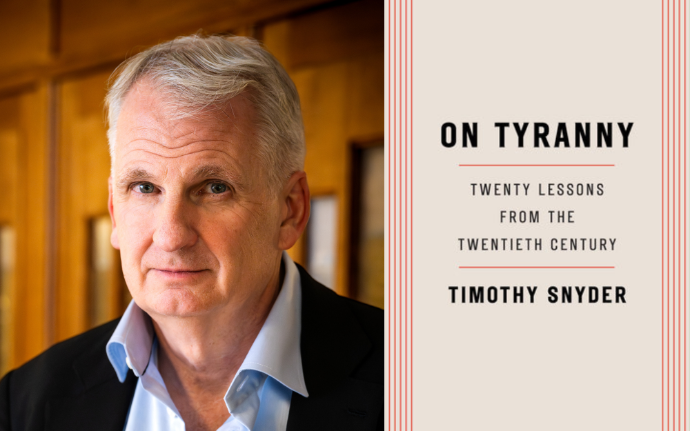 Portrait of Timothy Snyder beside a beige-striped book cover titled "On Tyranny: Twenty Lessons from the Twentieth Century"