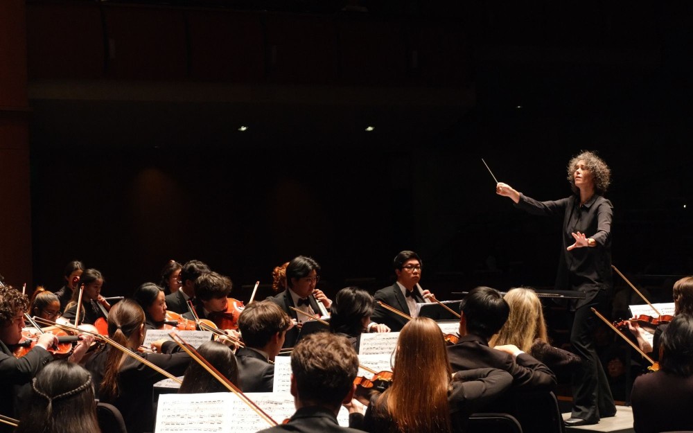 Conductor raising a baton to lead a full orchestra on a dimly lit concert stage.