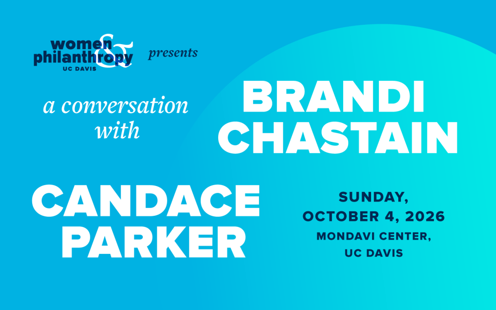 Promotional graphic for a conversation with Brandi Chastain and Candace Parker on teal background with text reading: Women & Philanthropy UC Davis presents A Conversation with Brandi Chastain & Candace Parker, Sunday, October 4, 2026, Mondavi Center, UC Davis
