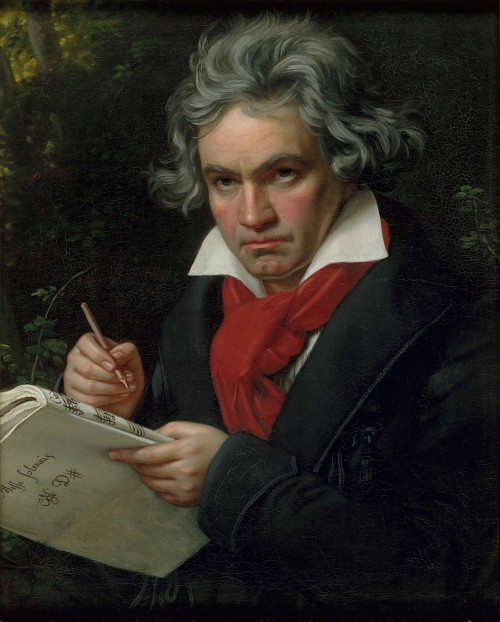 Oil painting of a serious gray-haired Beethoven in a dark coat and red scarf writing sheet music