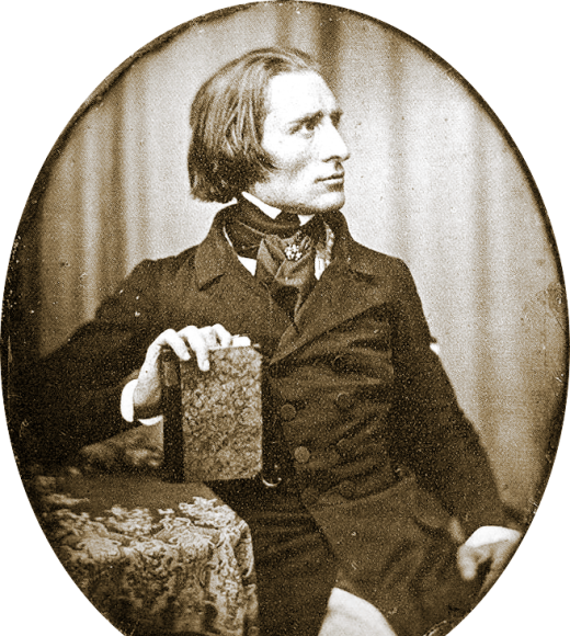 Sepia photograph of a Franz List seated with a book, looking right.
