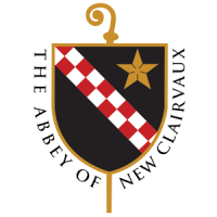 Heraldic logo: black shield with diagonal red-and-white checkered band, gold star and border. With the text "The Abbey of New Clairvaux"