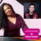 Smiling woman in purple sequined dress standing behind a piano, inset headshot of a person with a flute. Pink graphic with the text "Concert happens @ Pitzer Center"