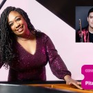 Smiling woman in purple sequined dress standing behind a piano, inset headshot of a person with a flute. Pink graphic with the text "Concert happens @ Pitzer Center"