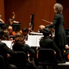 Conductor directing symphony orchestra on warm-lit wooden concert stage