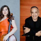 Split portrait: left Alisa Weilerstein in orange dress holding a cello; right smiling Inon Barnatan in black