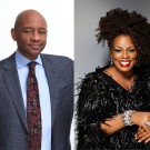 Two studio portraits: Branford Marsalis in checked suit and Dianne Reeves in black feathered dress