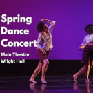 Two dancers on a purple-lit stage with text 'Spring Dance Concert'