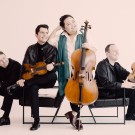 Calidore String Quartet seated with violins and a cello against a pale pink background