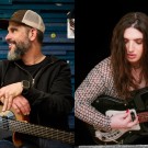 Charlie Hunter smiling with bass in studio; focused Ella Feingold playing electric guitar on black, photo