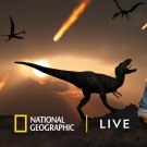 Tyler Lyson in denim holding a hammer superimposed over a t-rex silhouette, flaming meteors and the National Geographic Live logo
