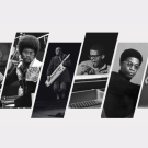 Montage of black-and-white portraits of Herbie Hancock playing instruments and performing.