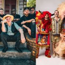Split photo: left, Jon Cleary sits on a front stoop with band members sitting around him; right, the three members of Cha Wa two of whom are wearing traditional New Orleans Indian regalia