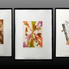 Three framed artworks featuring colorful abstract designs and various shapes.