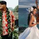 Kalani Pe’a in a floral shirt stands in nature, while Taimani in a white dress holds a ukulele by the ocean.