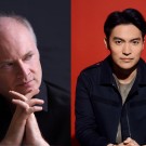 Split portraits: Gianandrea on dark backdrop; Ray Chen dark-haired man on red.