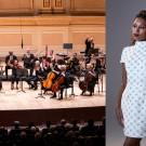 Split photo: Orpheus Chamber Orchestra performing in a concert hall; Isata Kanneh-Mason in white print dress leaning against piano