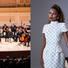 Split scene — left: orchestra performing on stage; right: Isata Kanneh-Mason in white patterned dress