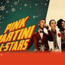 Graphic poster: three singers in festive sweaters holding mics with Pink Martini All-Stars logo