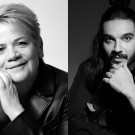 Black-and-white photo on the left and right: smiling Marin Alsop on left and Radulović holding violin on the right