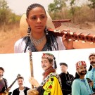 Sona Jobarteh with a Kora stands in a dry landscape, above Saha Gnawa holding various instruments.