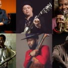 Six musicians featured in individual portraits, playing various instruments with diverse expressions.
