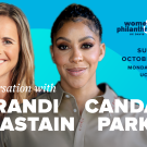 Promotional graphic: two smiling women headshots on teal background with event text