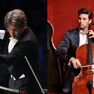 A conductor gestures passionately on the left, while a cellist plays thoughtfully on the right.