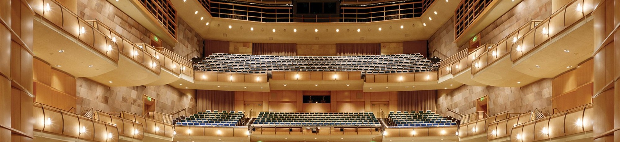 Interior view of a spacious theater with multiple seating levels and warm wood accents.